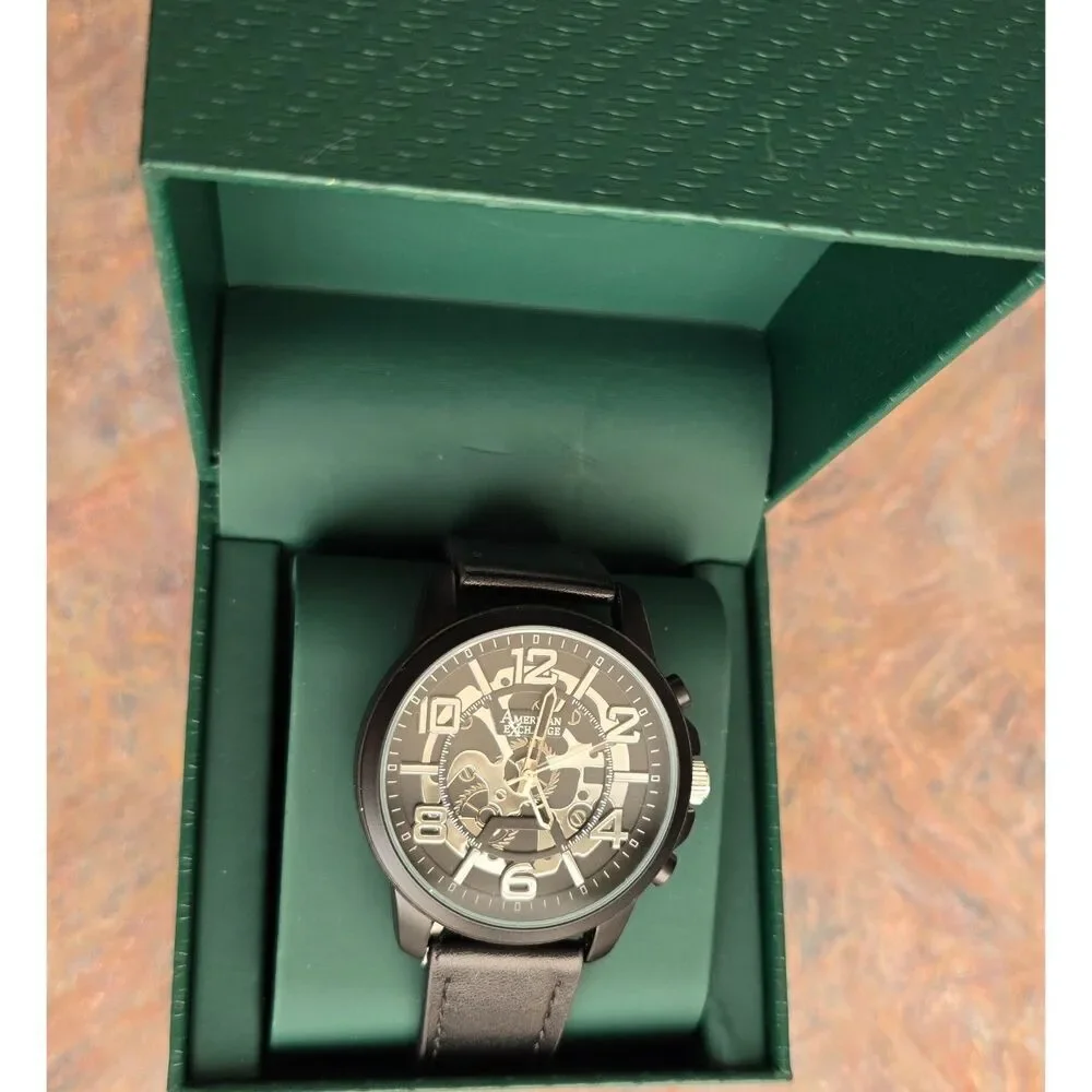 AmericanExchange Stylish men water resistant quartz black watch adjustable strap